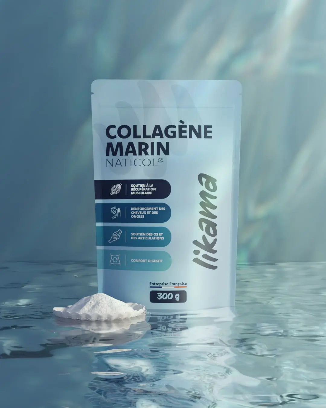 sachet de collagene marin Naticol Likama 300g sur fond aquatique pour la peau et les articulations