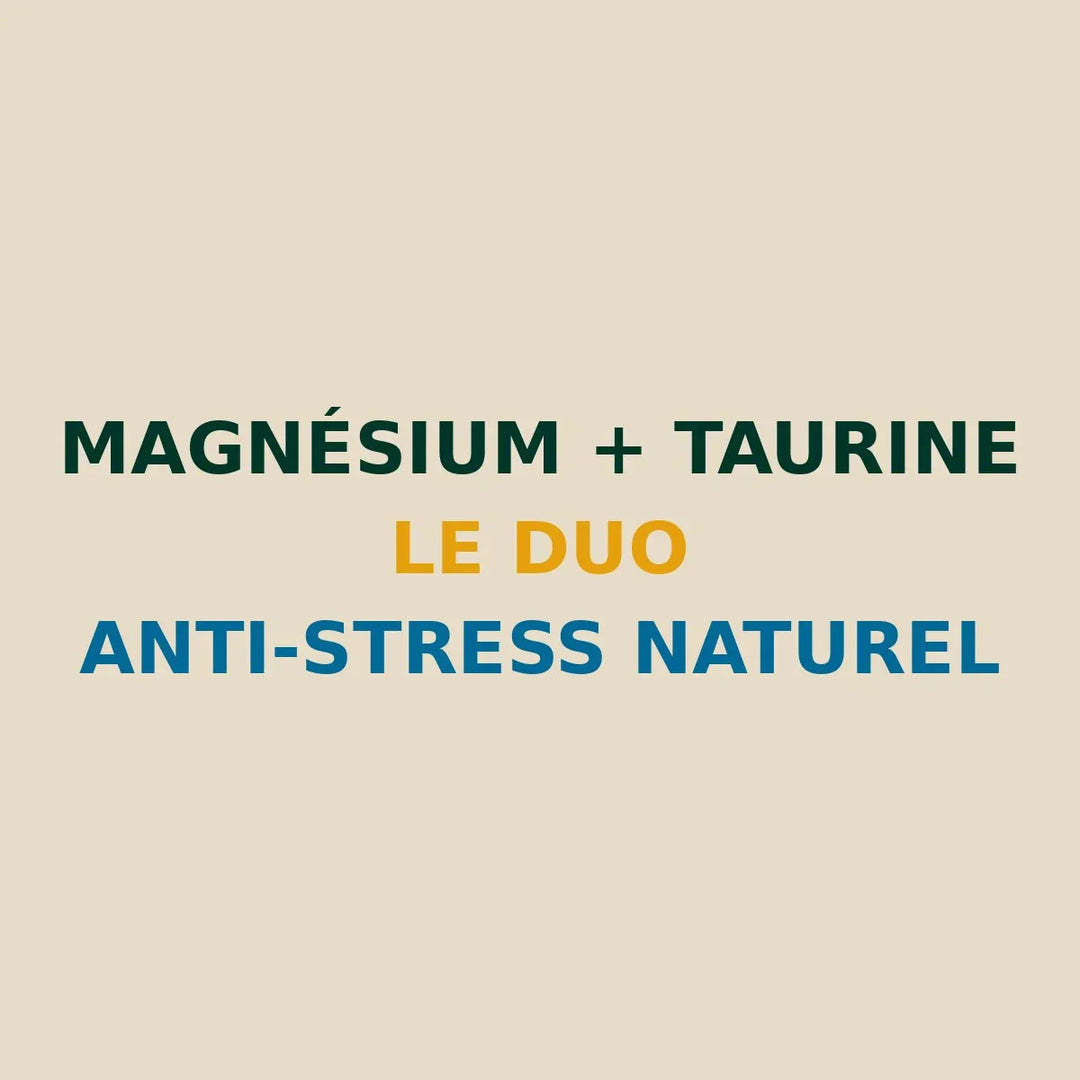 visuel SEO coloré mettant en valeur le duo magnésium taurine pour lutter contre le stress avec une composition professionnelle