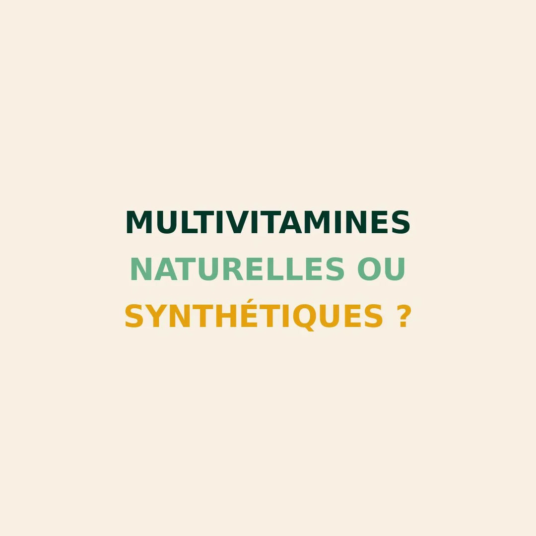 visuel SEO informatif mettant en opposition les multivitamines naturelles et synthétiques avec un design clair et professionnel