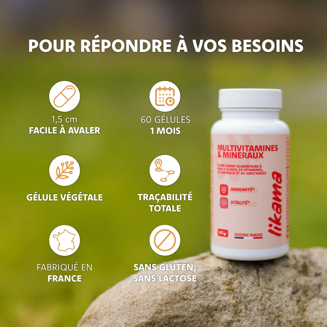 Multivitamines et mineraux Likama 60 gélules faciles à avaler avec traçabilité totale sans gluten sans lactose