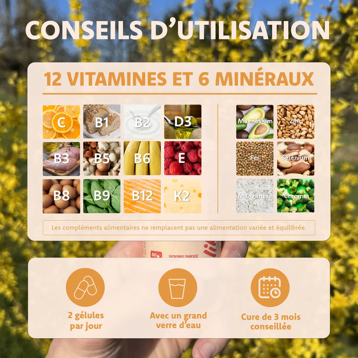 Multivitamines Likama avec 12 vitamines et 6 mineraux cure 3 mois 2 gélules par jour avec un grand verre d eau