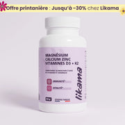 Flacon de magnésium calcium zinc et vitamines D3 K2 Likama pour immunité et vitalité