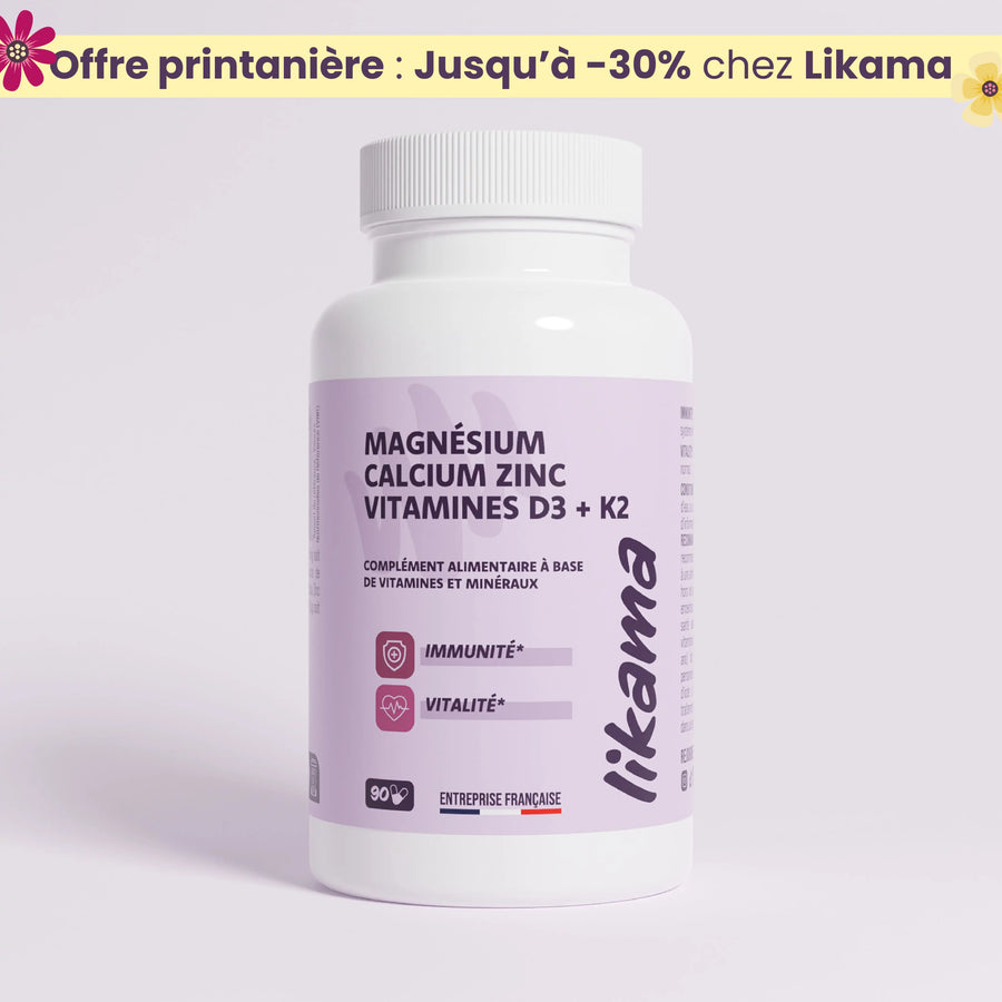 Flacon de magnésium calcium zinc et vitamines D3 K2 Likama pour immunité et vitalité