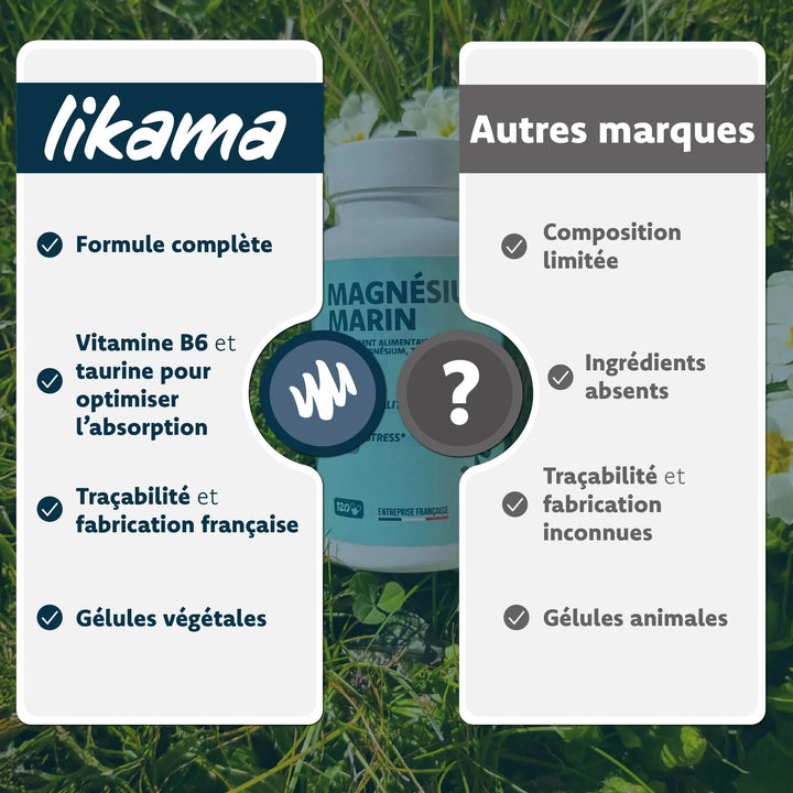 Comparatif magnesium Likama vs autres marques avec vitamine B6 taurine et gelules vegetales