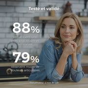 femme apaisée observe une peau plus souple et moins de douleurs aux articulations