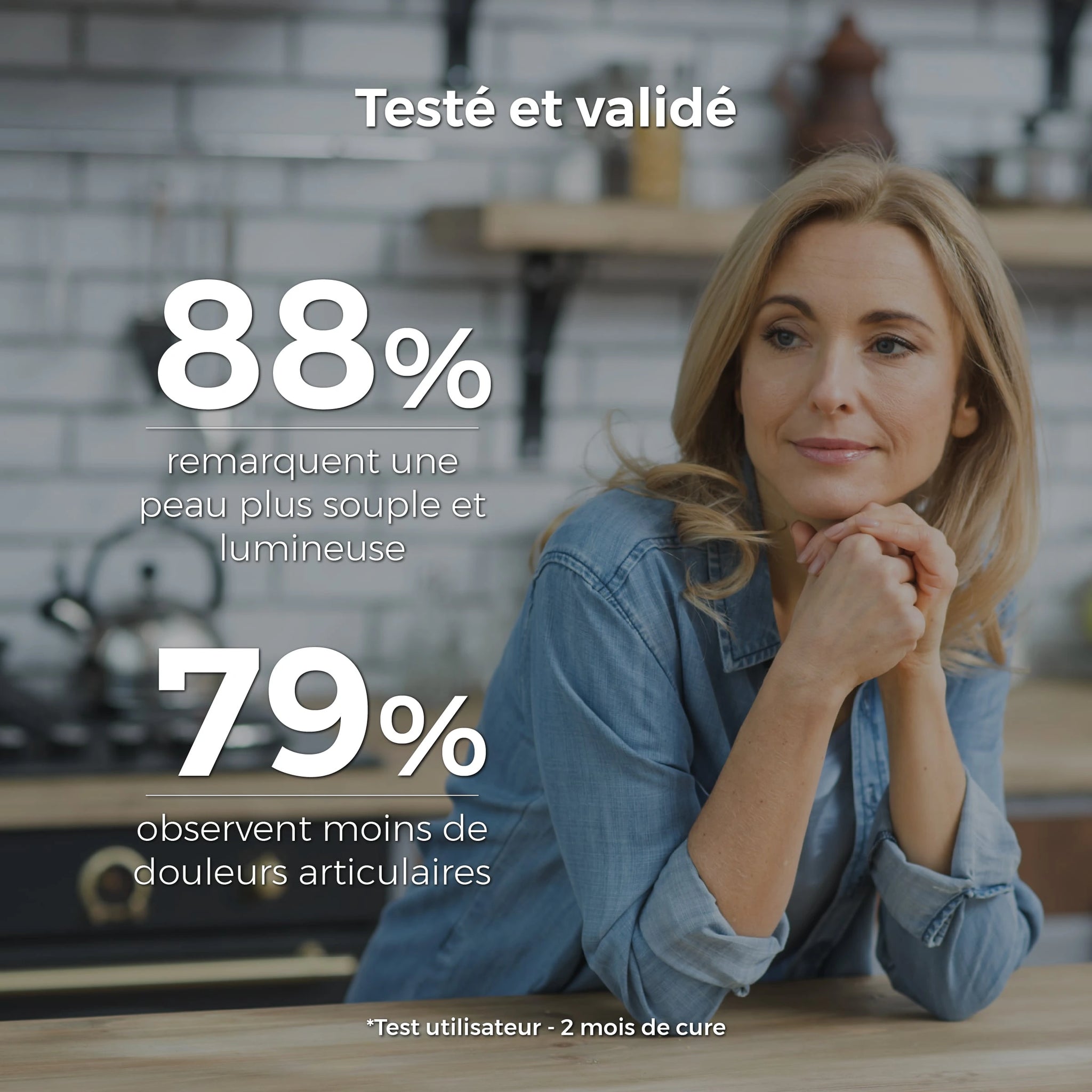 femme apaisée observe une peau plus souple et moins de douleurs aux articulations