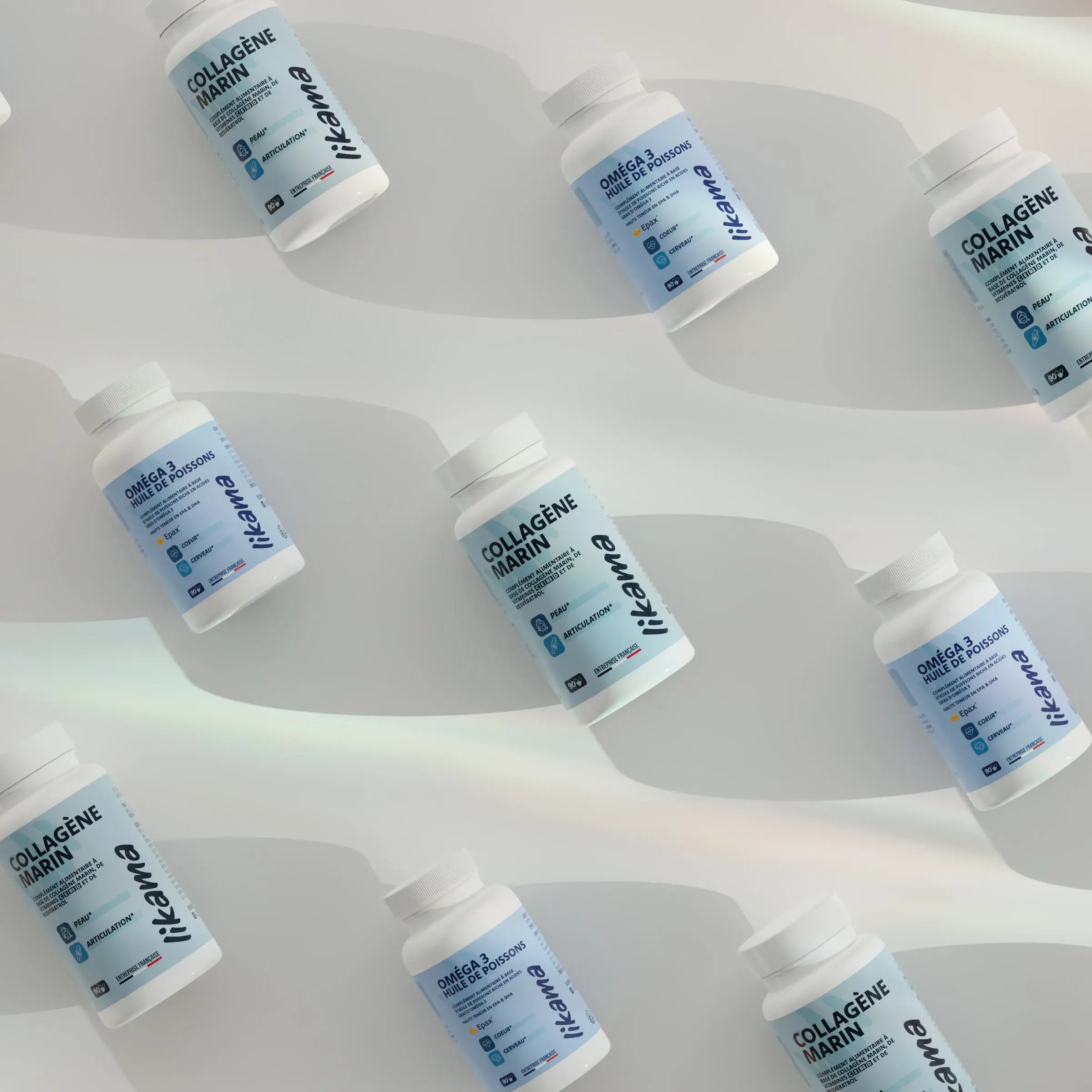 collection de produits Likama collagene marin et omega 3 pour le soutien articulaire et cognitif