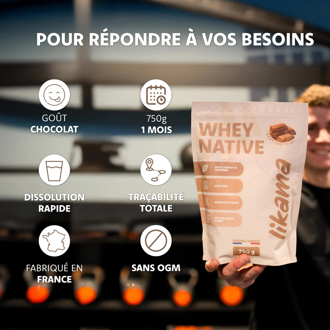 Whey native chocolat Likama 750g pour 1 mois riche en proteines sans OGM et facile à dissoudre