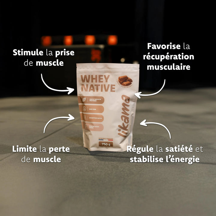 Whey native chocolat Likama stimule la prise de muscle favorise la recuperation et limite la perte musculaire