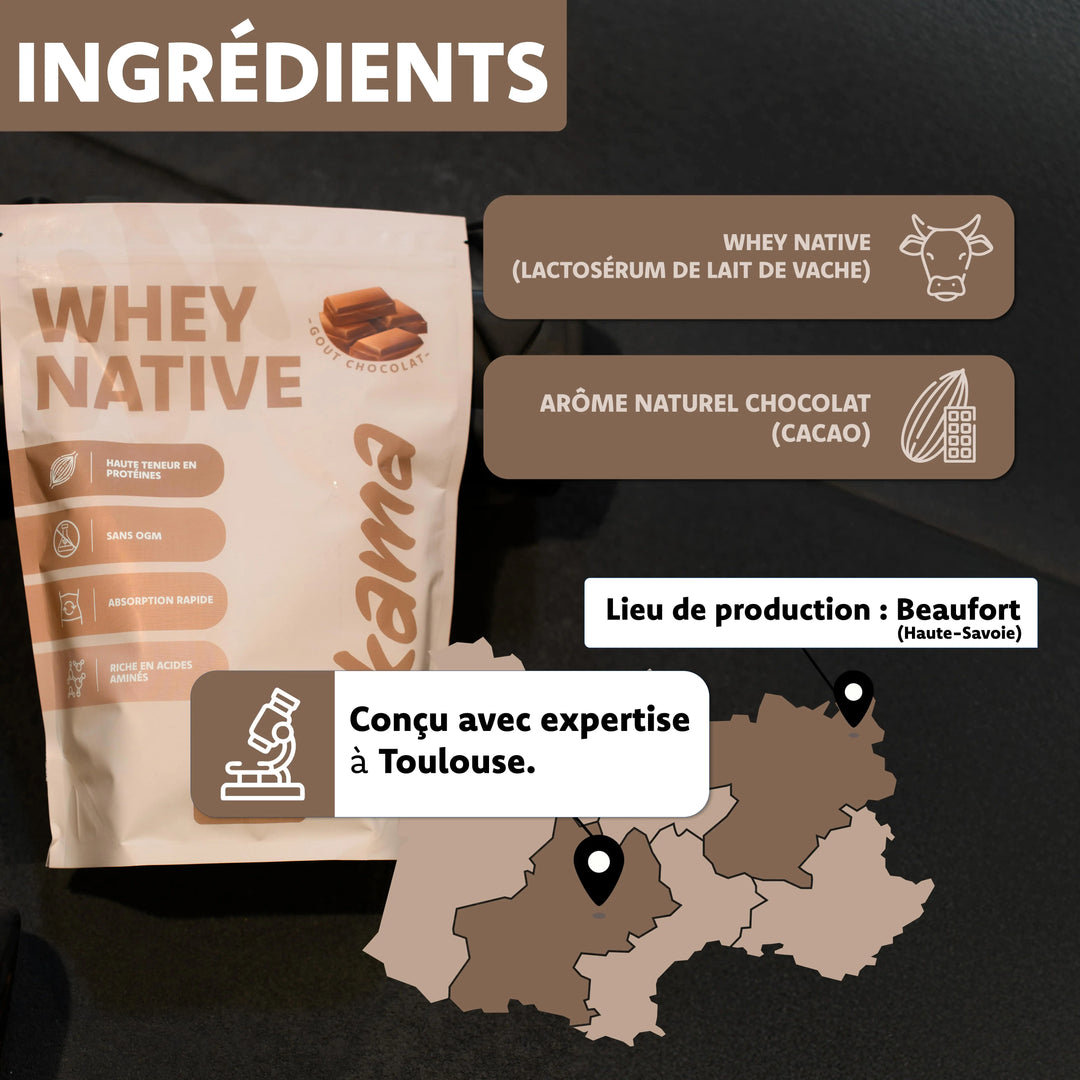 Whey native au chocolat Likama avec lactoserum de lait et arôme naturel conçue à Toulouse et fabriquée en Haute Savoie