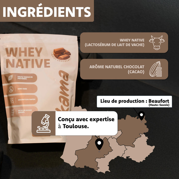 Whey native au chocolat Likama avec lactoserum de lait et arôme naturel conçue à Toulouse et fabriquée en Haute Savoie