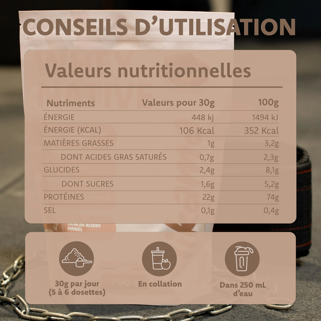 Valeurs nutritionnelles whey native chocolat Likama avec conseils de dosage et préparation
